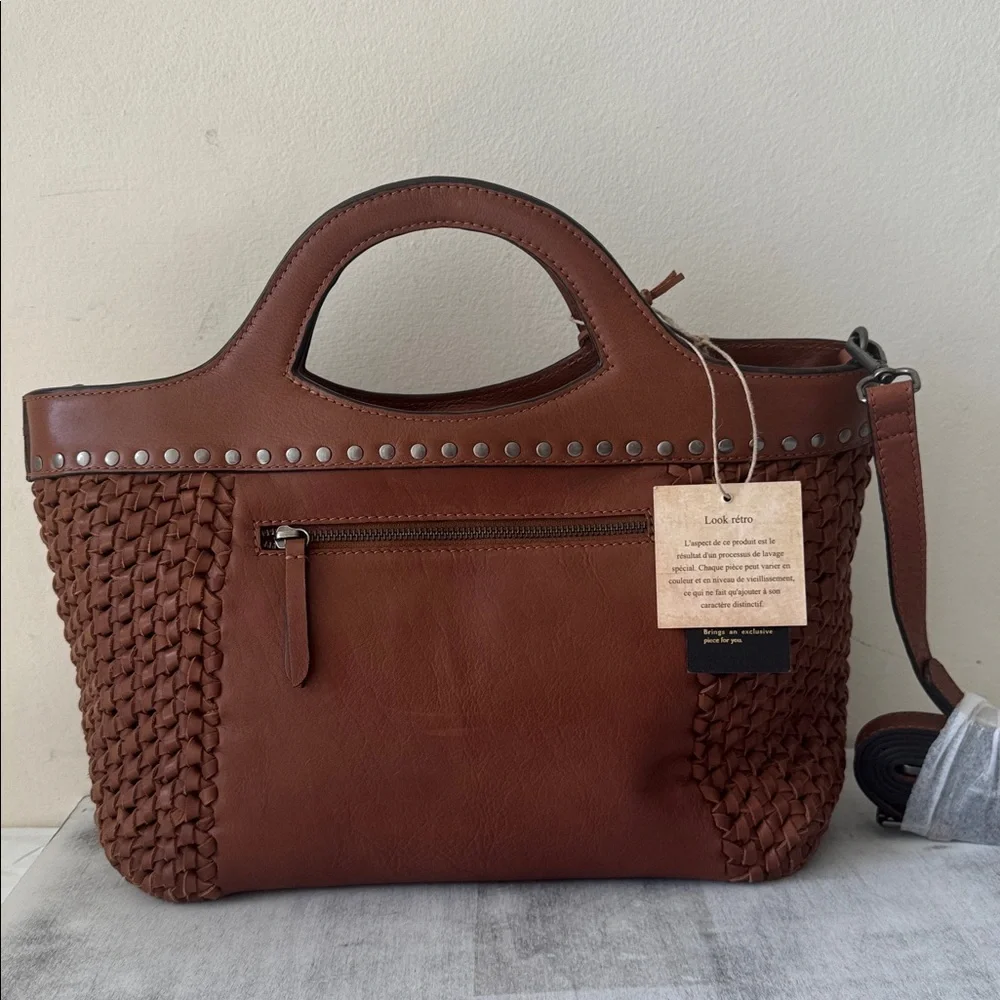 Made in India Woven Brown Leather Med Handbag Crossbody Metal Studs Unique